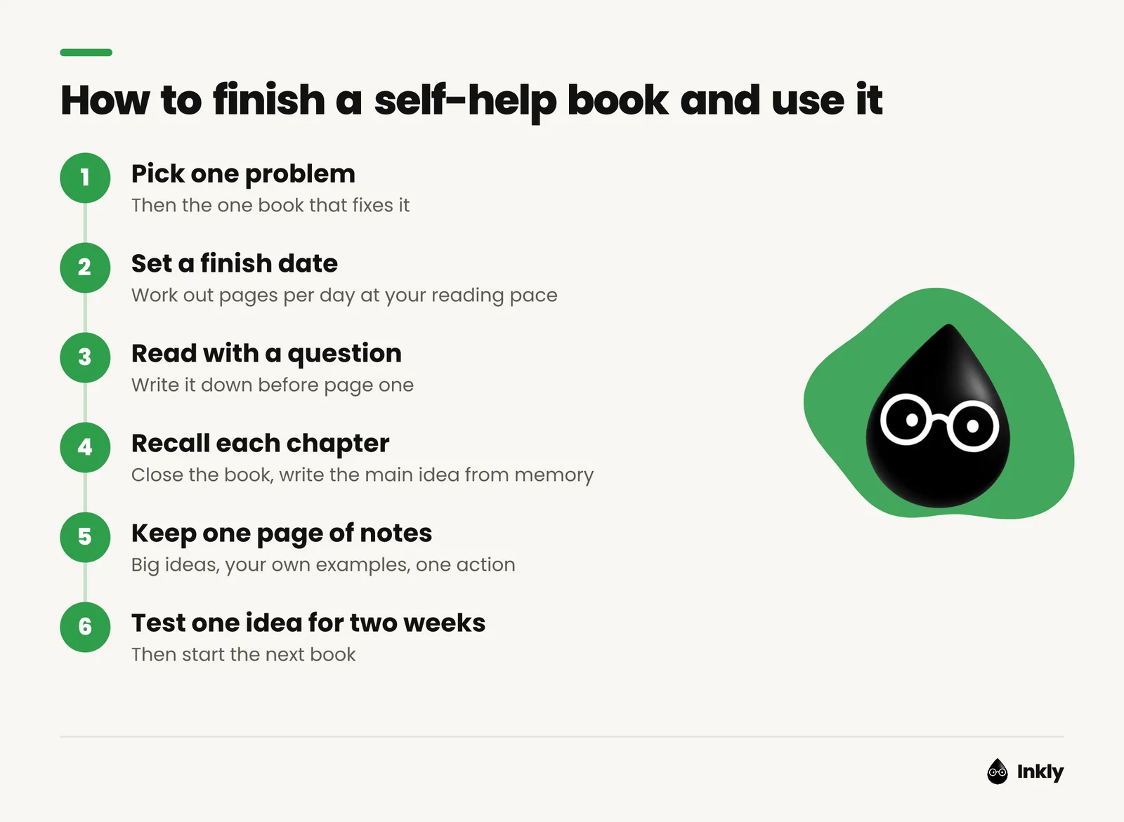 Six steps to finish a self-help book and use it, from picking one problem to testing one idea for two weeks