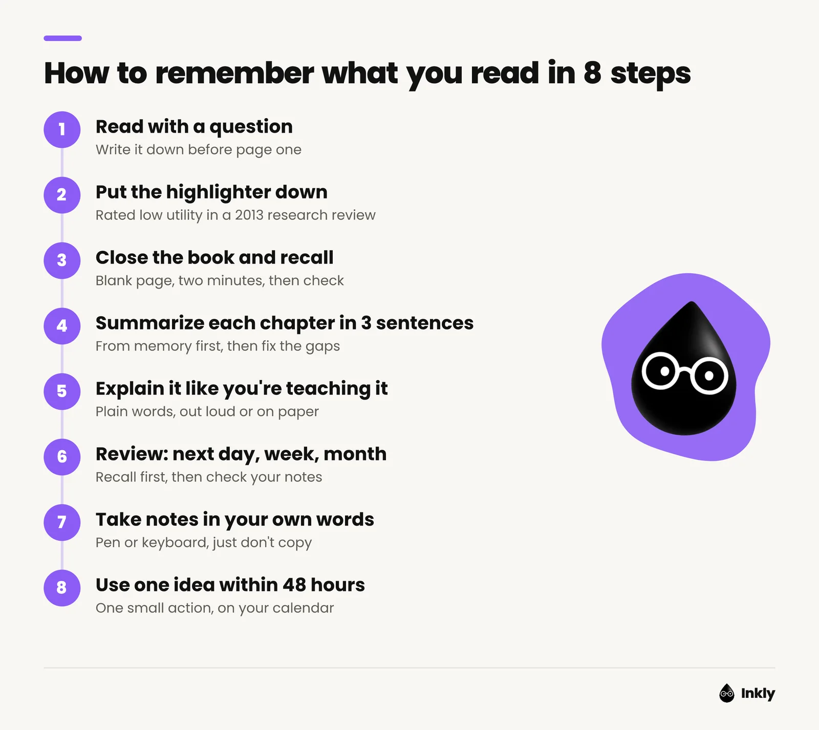 The 8-step method: read with a question, skip highlighting, recall with the book closed, write a 3-sentence chapter summary, explain it, review next day, week and month, take notes in your own words, use one idea within 48 hours