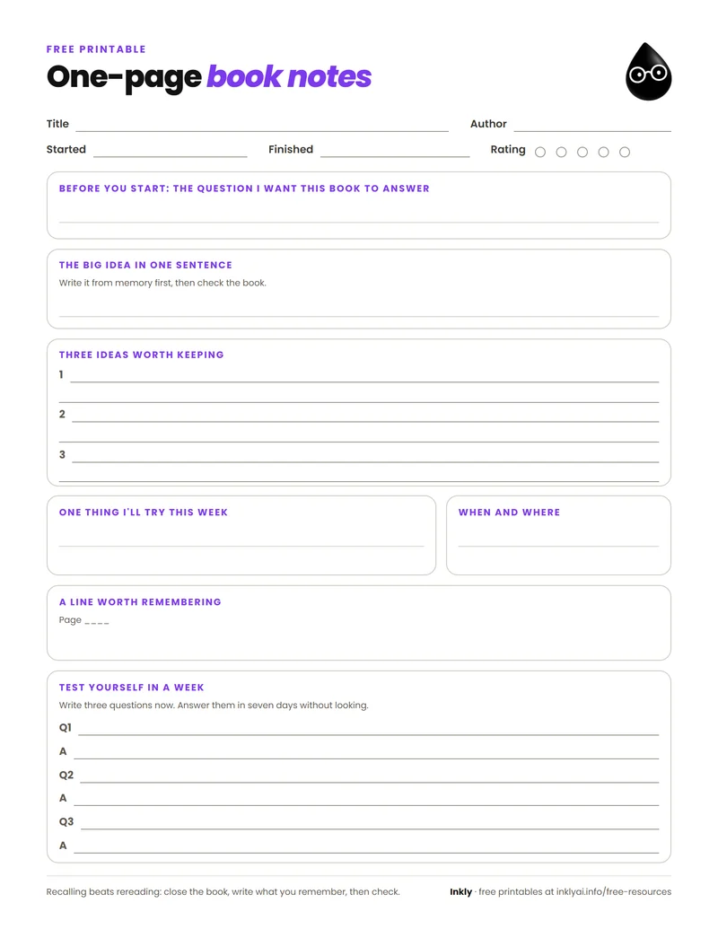 Preview of the free one-page book notes printable