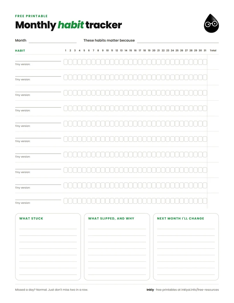Preview of the free monthly habit tracker printable