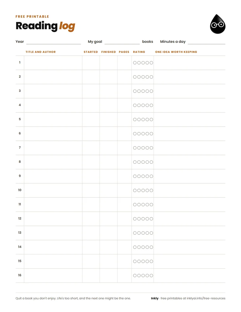 Preview of the free reading log printable