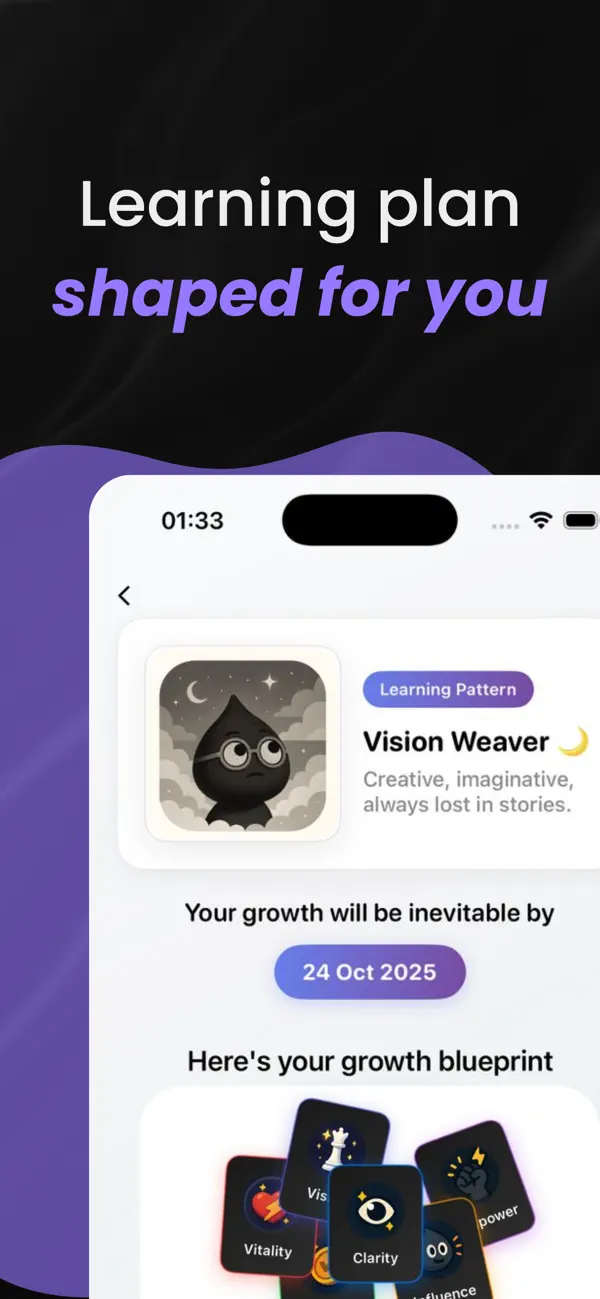Inkly learning plan screen showing the Vision Weaver learning pattern and a personal growth blueprint
