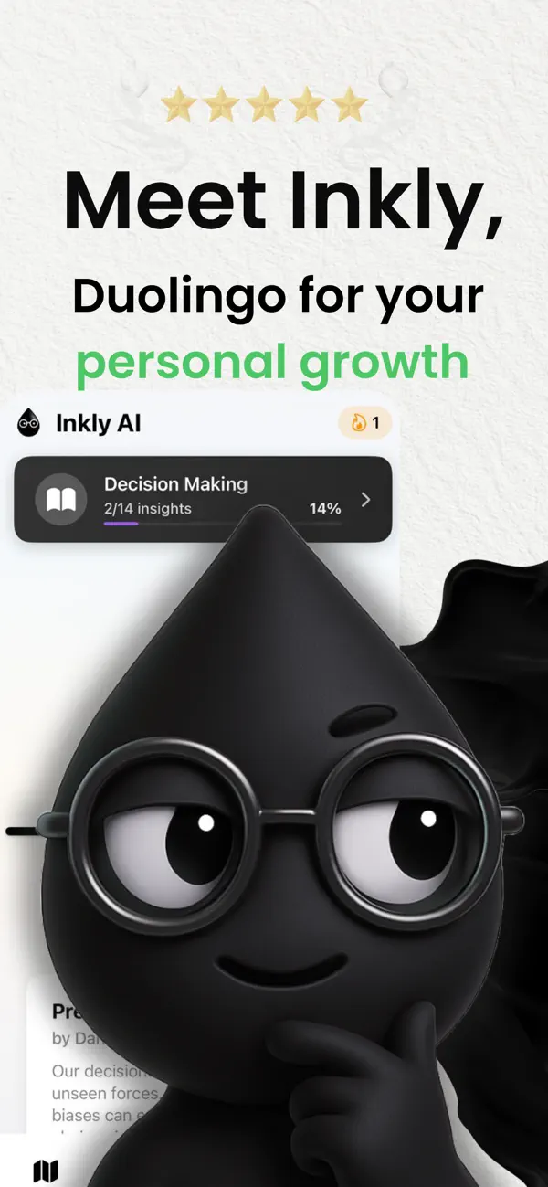 Inkly app home screen with the ink-drop mascot and a Decision Making course, 2 of 14 insights done