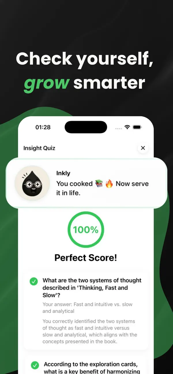 Inkly insight quiz showing a 100% perfect score